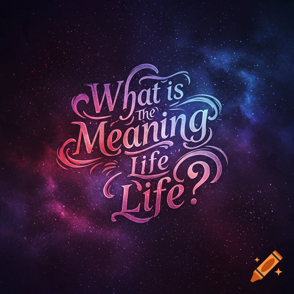 Stylized text 'What is the Meaning of Life?' over a starry galaxy background.