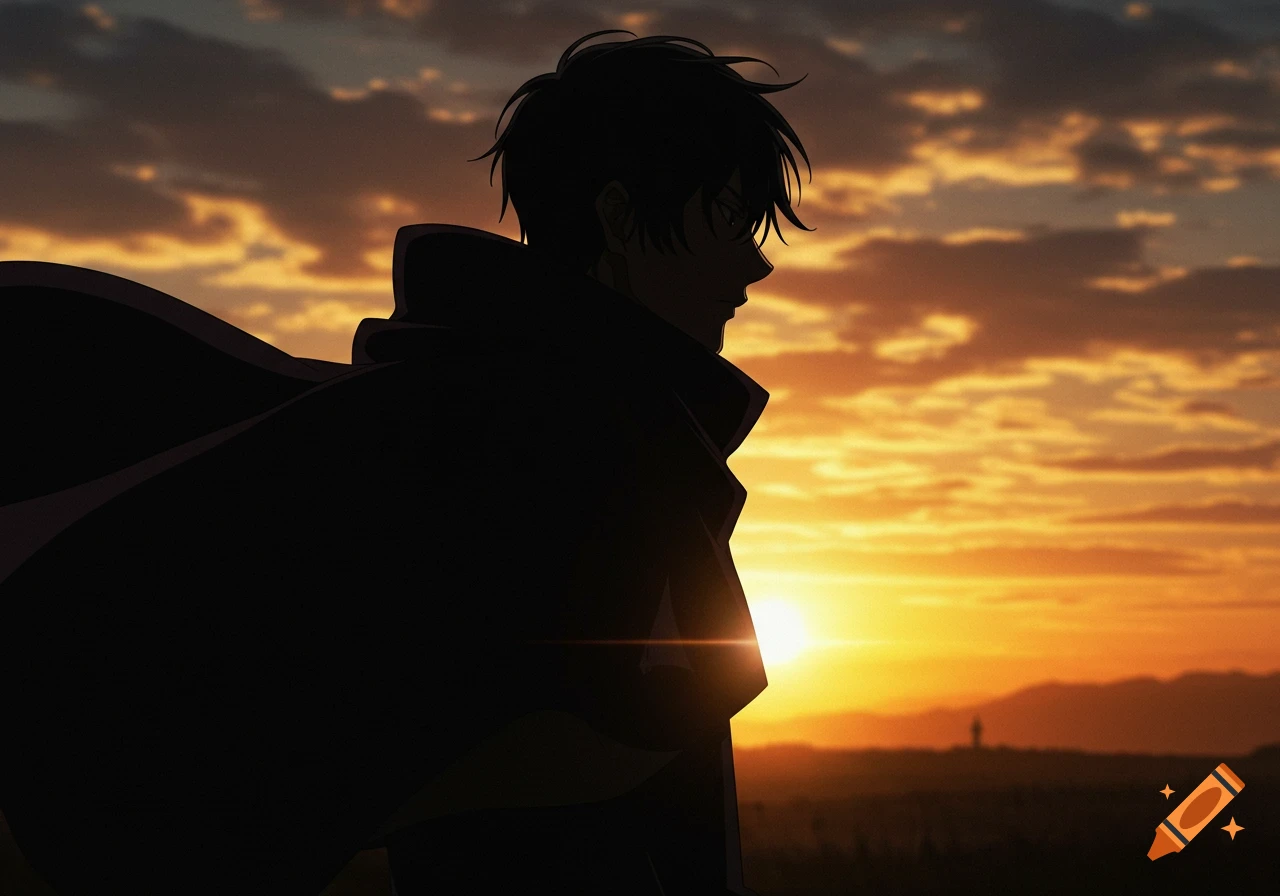 Silhouette of a man in a cloak against a beautiful sunset in anime style.