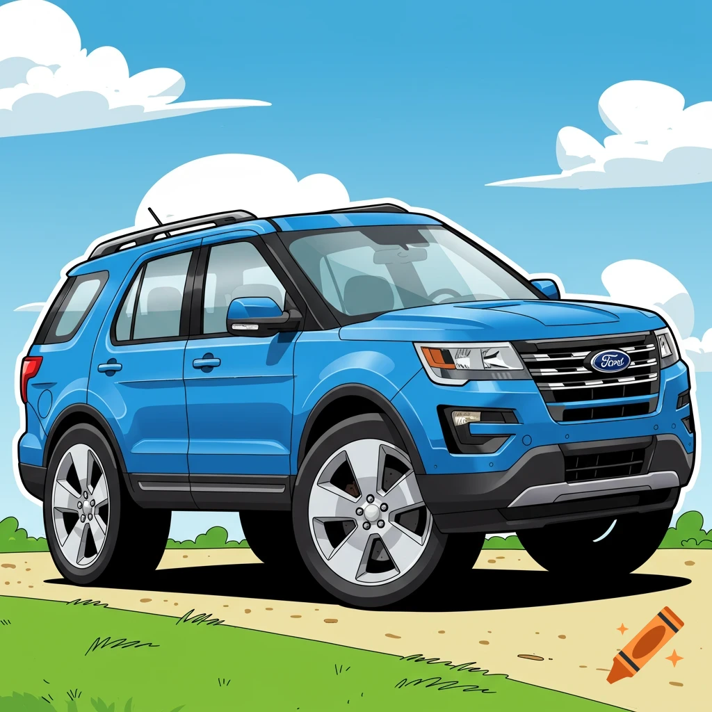 A blue Ford Explorer SUV is parked on a dirt path in a cartoon style.