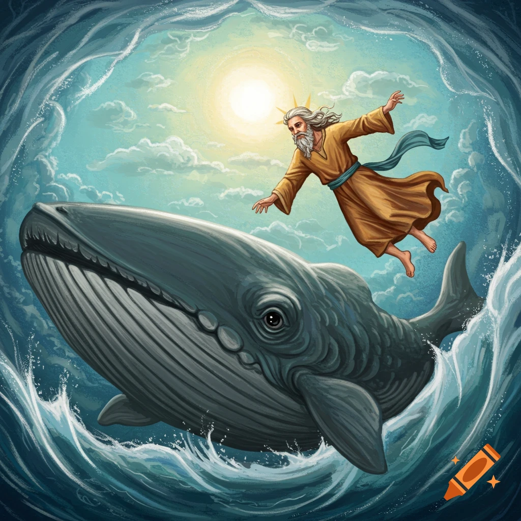 Illustration of Jonah floating above a large whale in the ocean