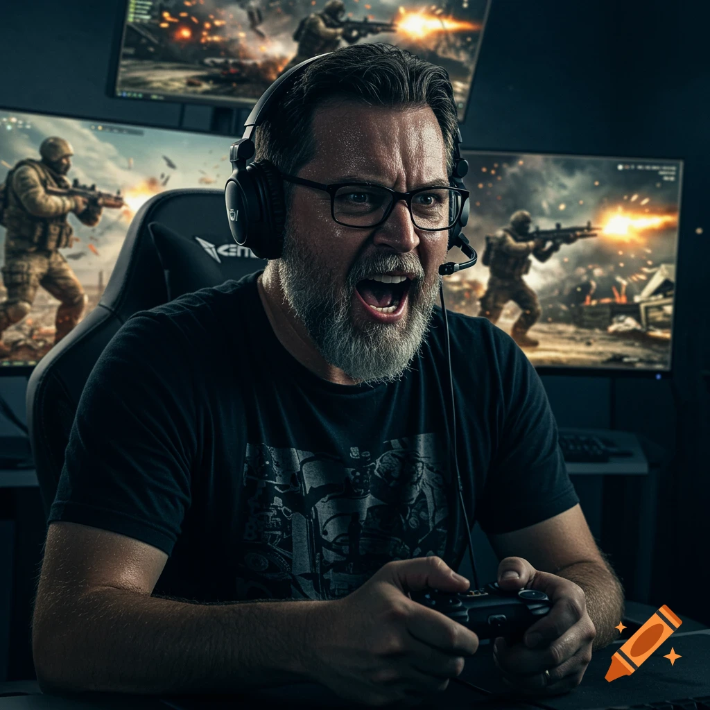Man with glasses and goatee intensely plays video game, screaming and holding controller, with war scenes on screens behind him.