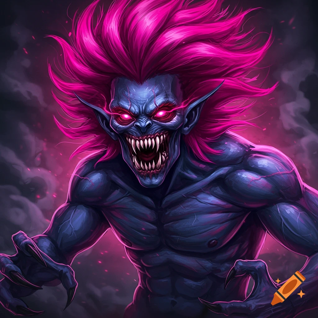A scary monster with spiky pink hair, glowing red eyes, sharp teeth, and claws, reaching forward.