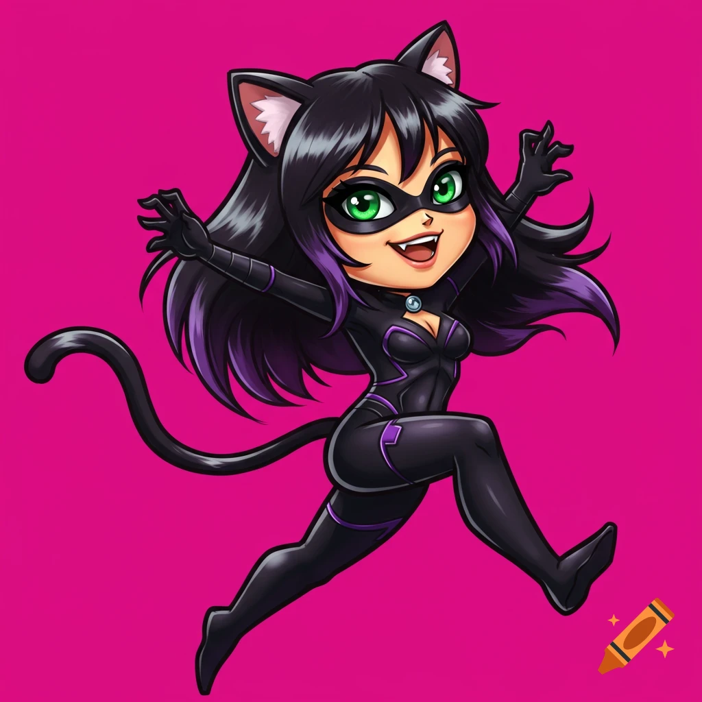 A cute chibi-style cartoon character dressed as Catwoman, jumping with claws extended.