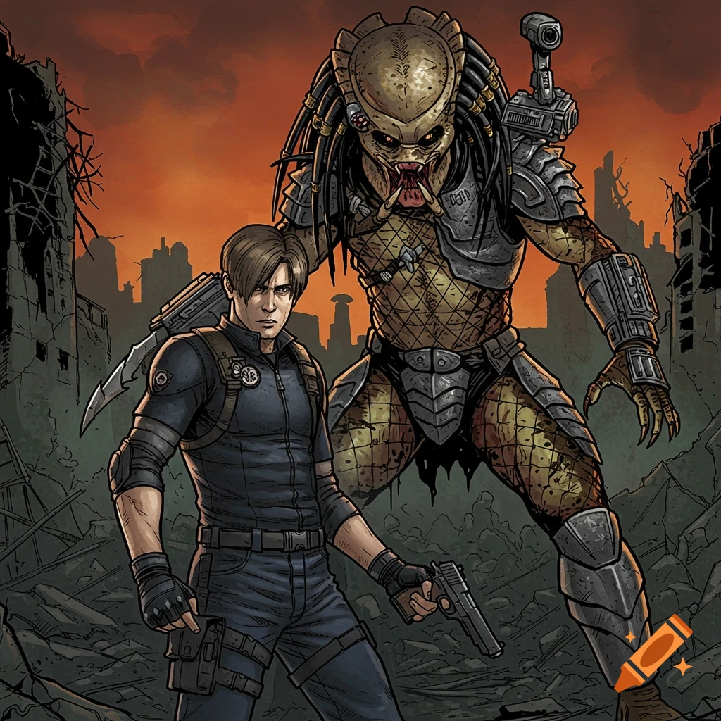 Illustration of Leon Kennedy standing with a Predator in a ruined city.