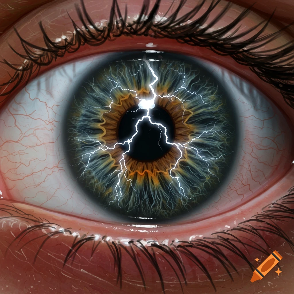 Close-up of a realistic eye with lightning bolts inside the iris.
