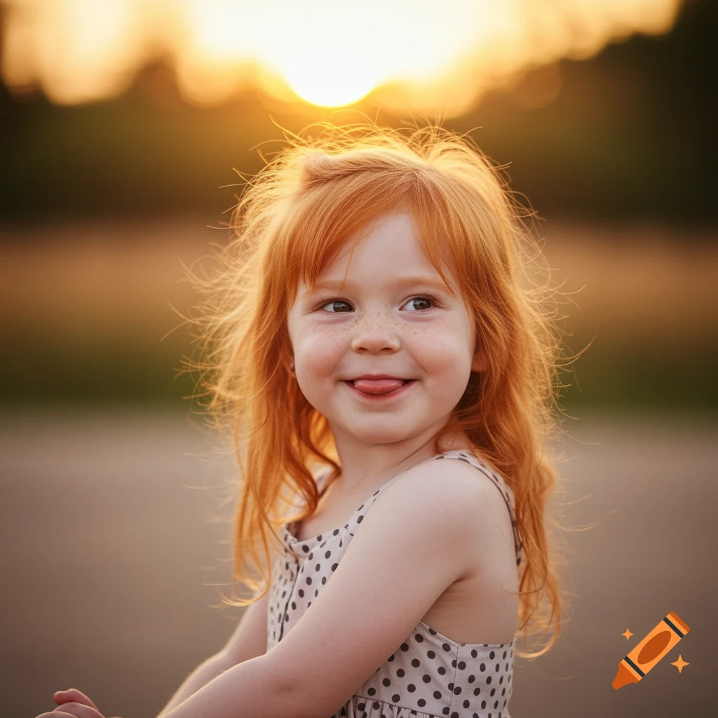 A portrait of a smiling young girl with red hair sticking out her tongue, backlit by the setting sun.
