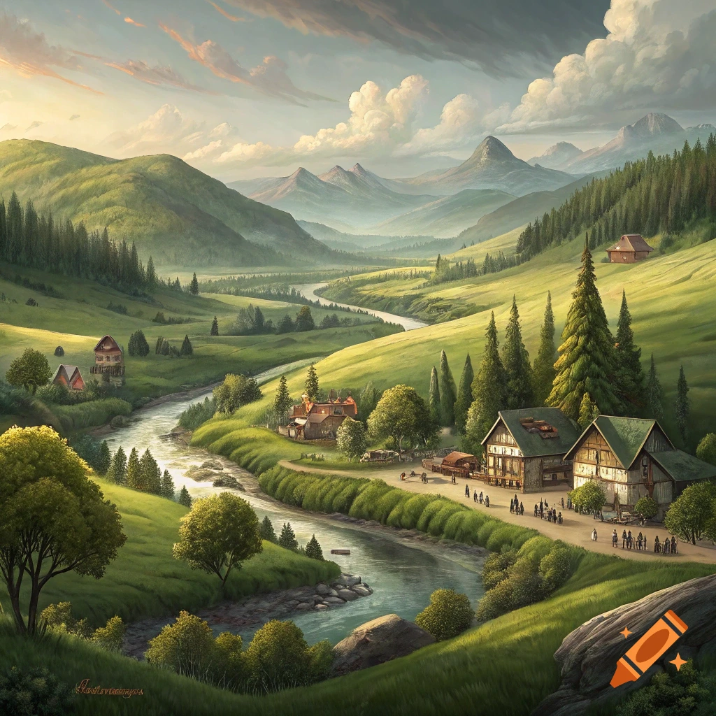 Painterly landscape of a village nestled in a green valley beside a winding river, with rolling hills and mountains.
