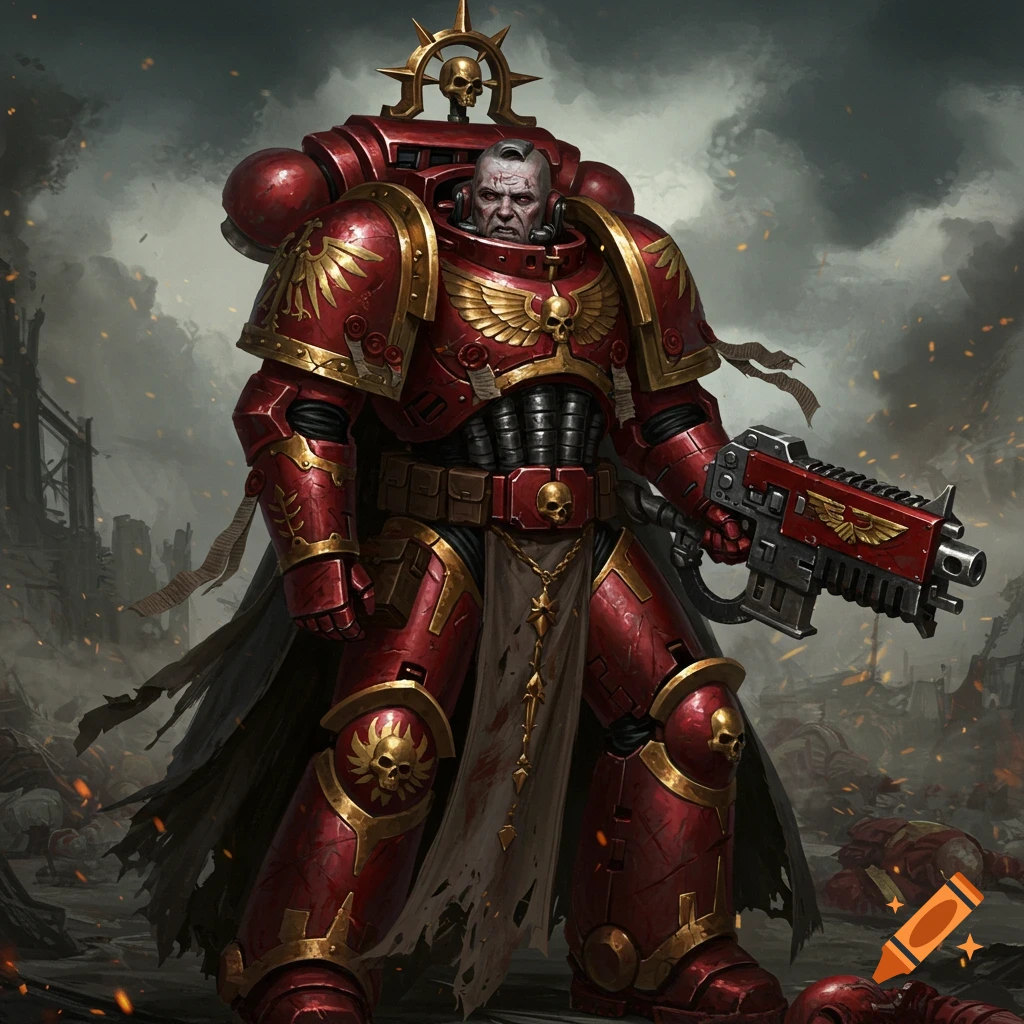 A heavily armored space marine in red and gold armor stands on a battlefield with a gun.