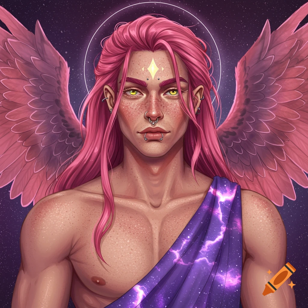 Portrait of a person with pink hair and wings wearing a purple cosmic cloth against a starry background.