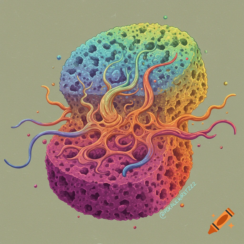 A vibrant rainbow-coloured sponge-like organism with swirling tendrils against a neutral background.