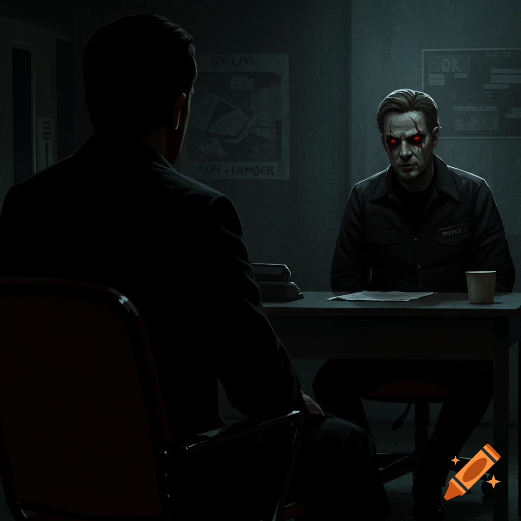 Two men in a dark interview room, one with glowing red eyes, across a desk from the other.