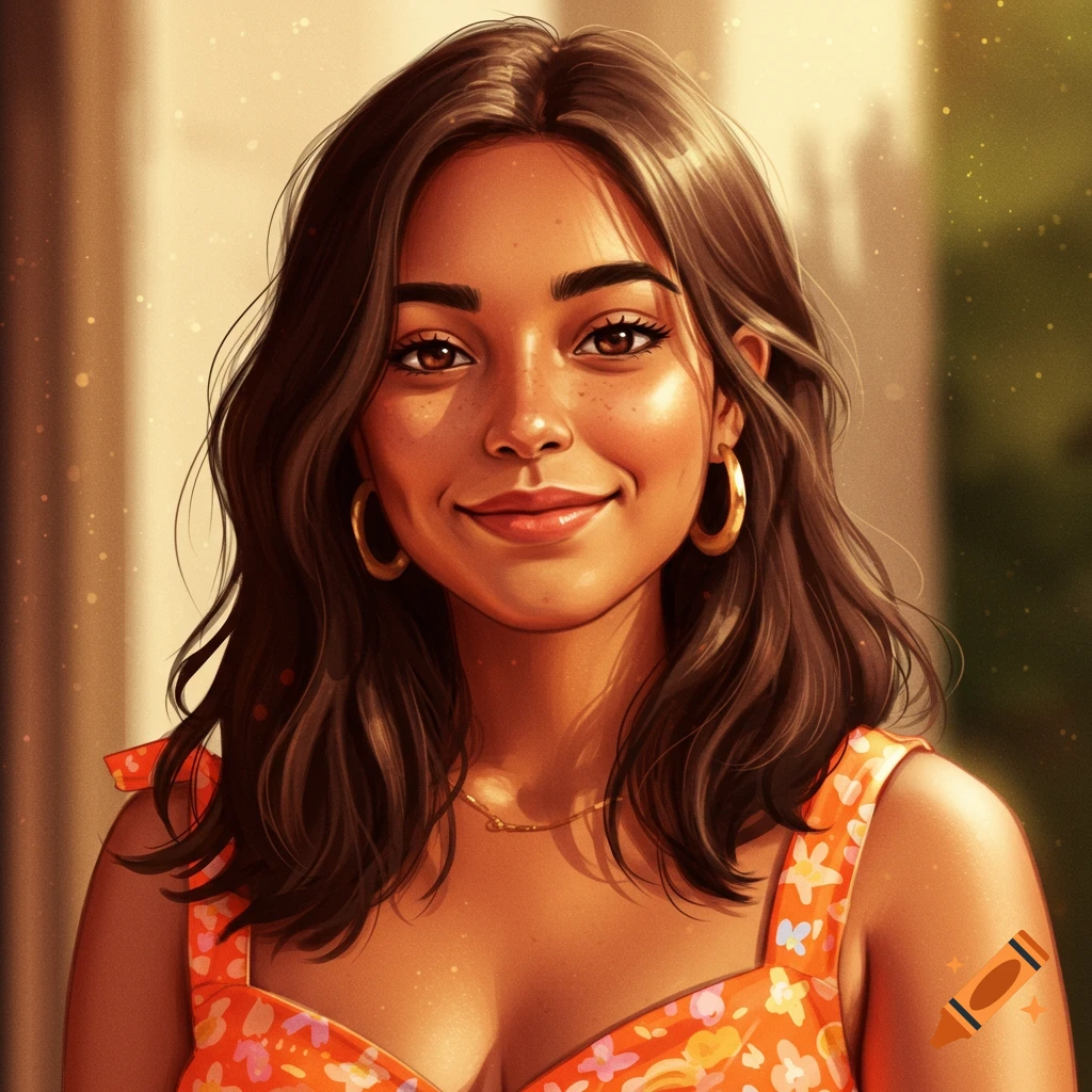 A smiling woman with dark hair and hoop earrings, wearing an orange floral dress in warm, sunny lighting.