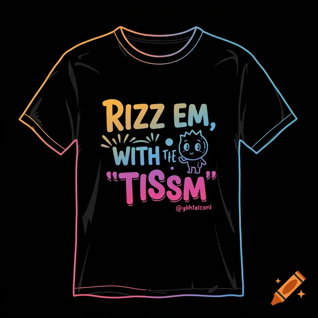 Graphic design on a black t-shirt with text 'RIZZ EM, WITH THE 'TISM' and cartoon character.