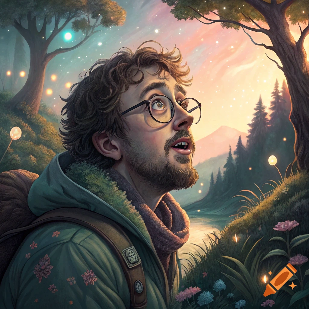 Man with backpack looks up at a starry sky in a fantasy forest with glowing orbs, Studio Ghibli style.