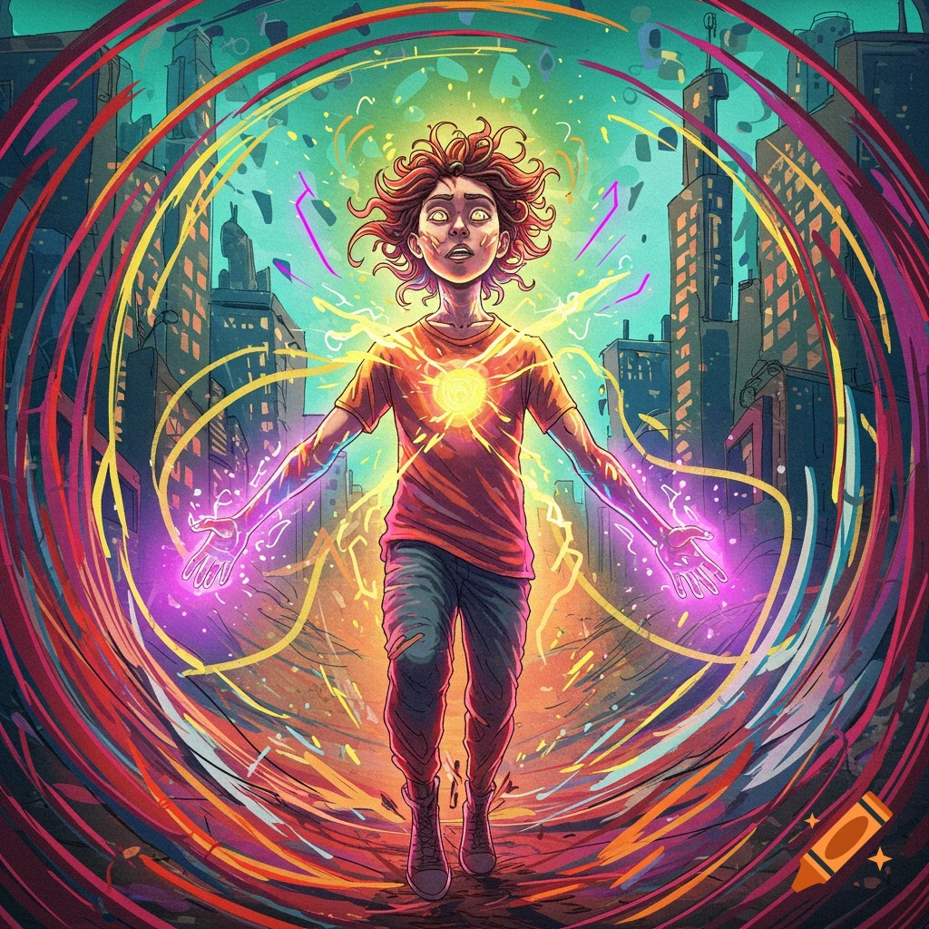 Illustration of a child with glowing energy around their hands and chest, surrounded by colorful arcs in a city.