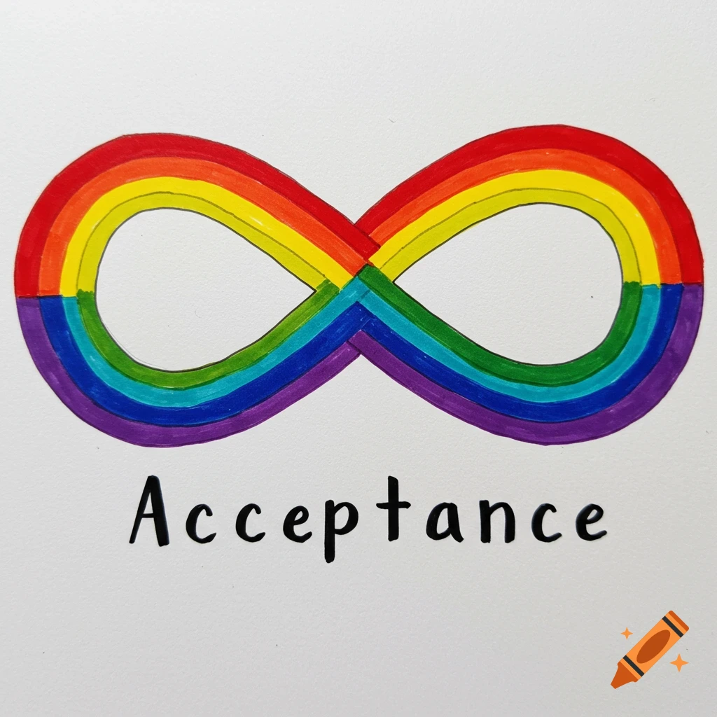 A rainbow infinity symbol with the word Acceptance below it.