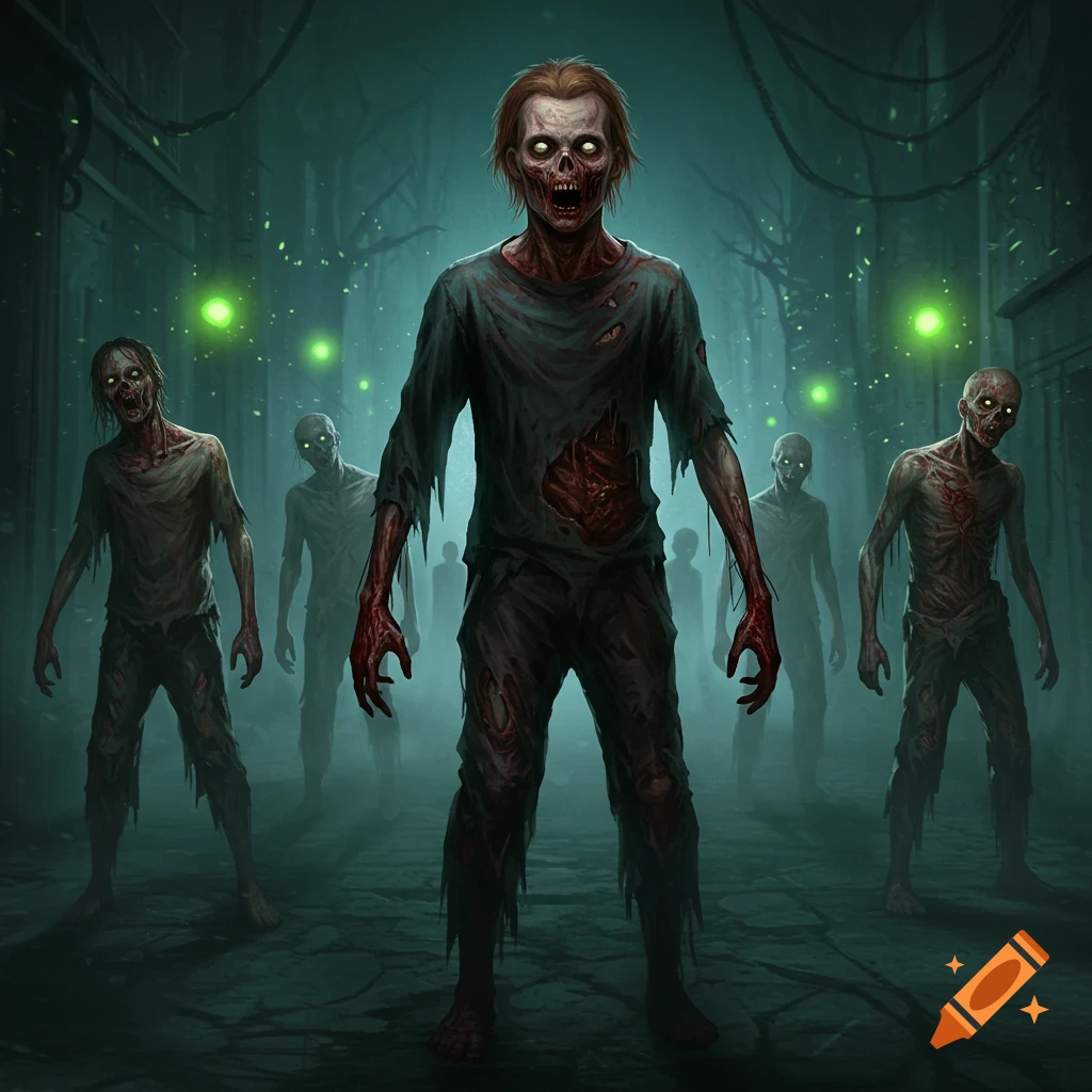 A group of terrifying zombies, one in the foreground, stand in a dark alley with glowing green lights in the background, in a horror illustration style.
