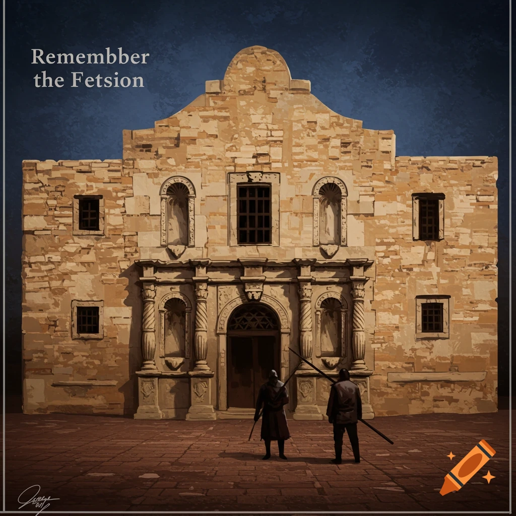 A painterly illustration of a building resembling The Alamo with two figures in historical attire standing in front.