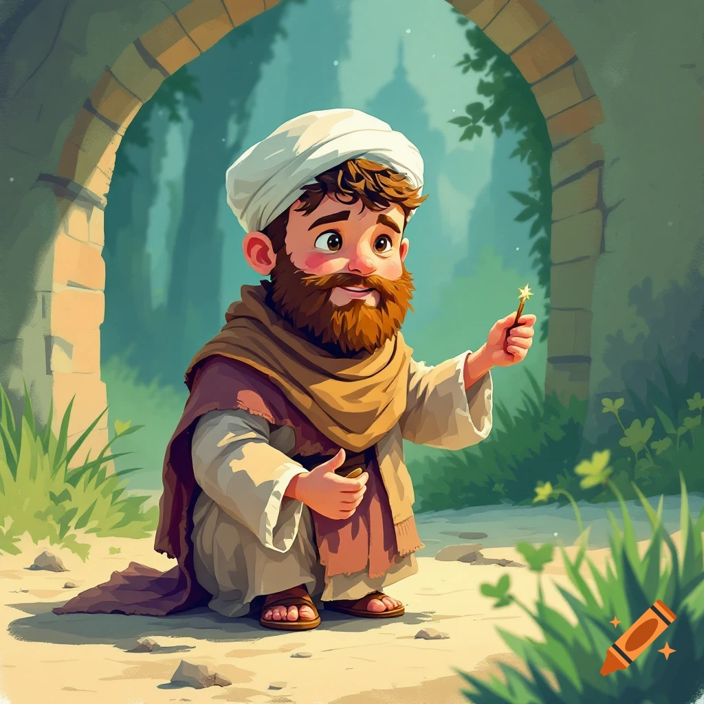 Cartoon illustration of a boy with beard and turban squatting by an arch holding a glowing stick.