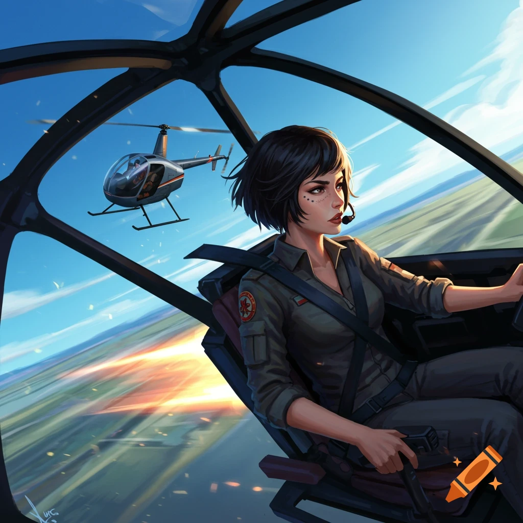 Digital illustration of a woman piloting a helicopter, viewed from the cockpit.