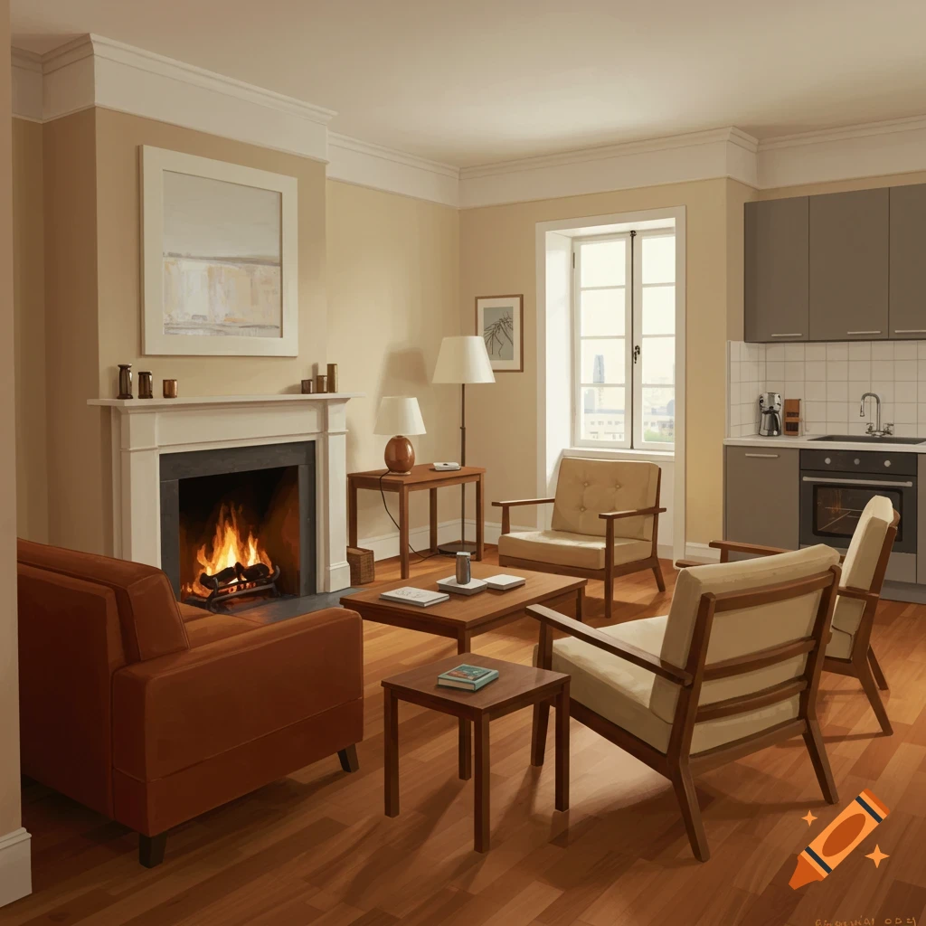 An interior view of an apartment room with a living area featuring a fireplace, seating, and a kitchen area.