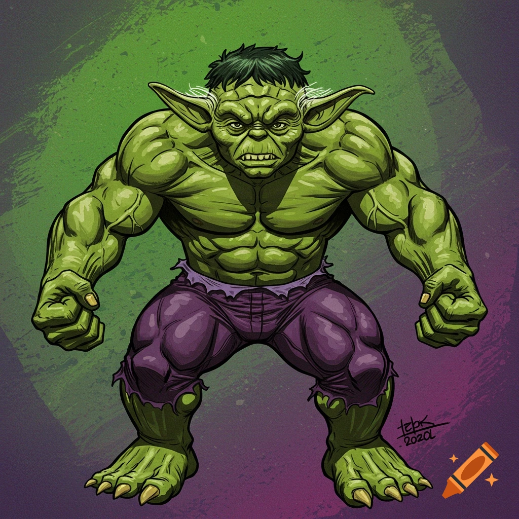 Cartoon illustration of a character combining Yoda and The Hulk, standing in torn pants.