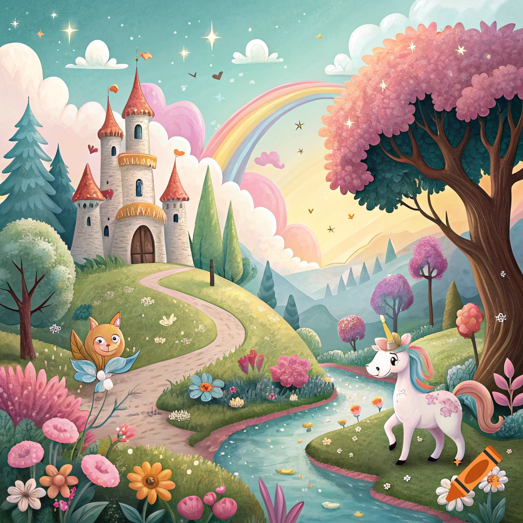 Child-like illustration of a fantasy landscape with a castle, unicorn, squirrel, rainbow, river, and flowers.