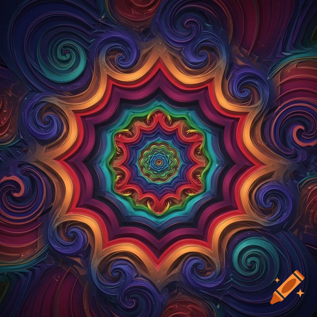 Abstract symmetrical pattern with layered swirling shapes in rainbow colors.