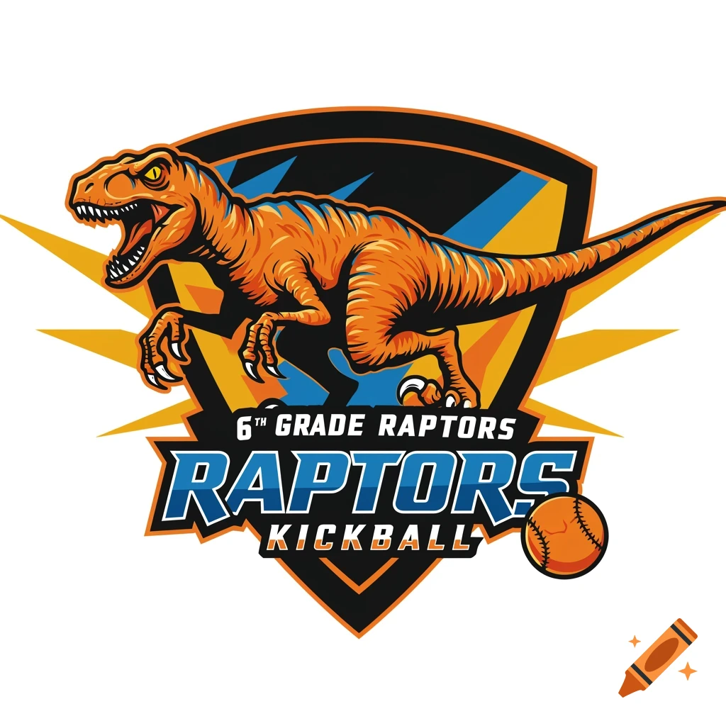 Logo for the 6th Grade Raptors kickball team featuring an orange dinosaur.