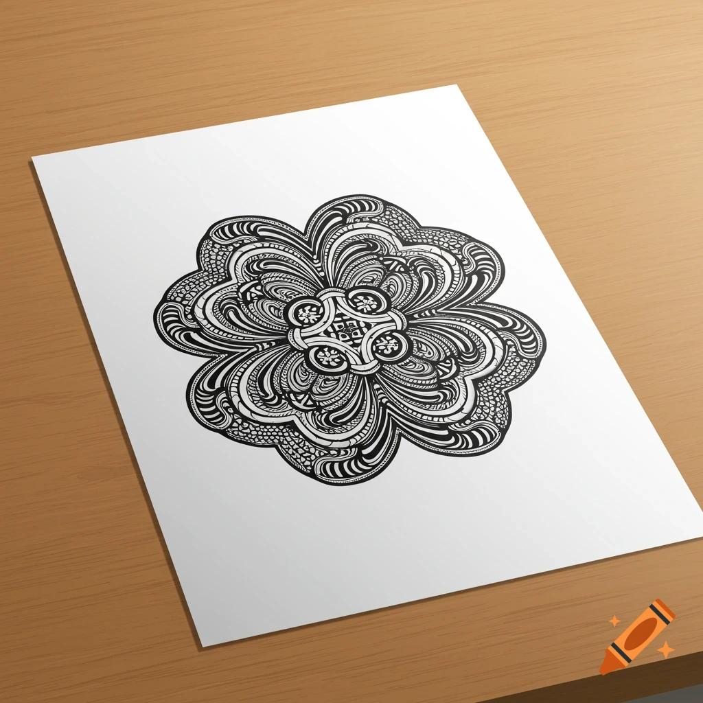 An intricate black and white abstract drawing on a sheet of paper placed on a wooden desk.