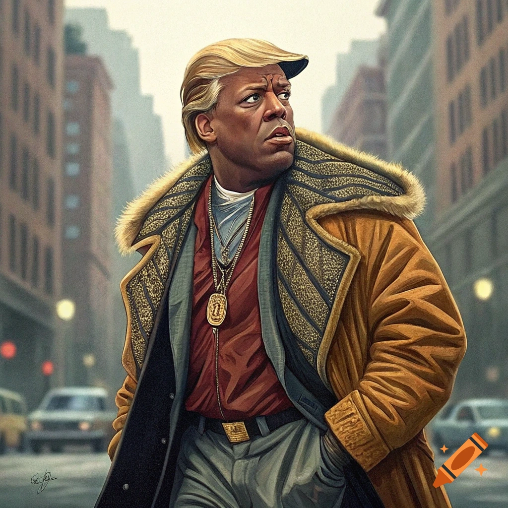 Illustration of a character with Donald Trump's face on Deebo's body, wearing a coat in a city.