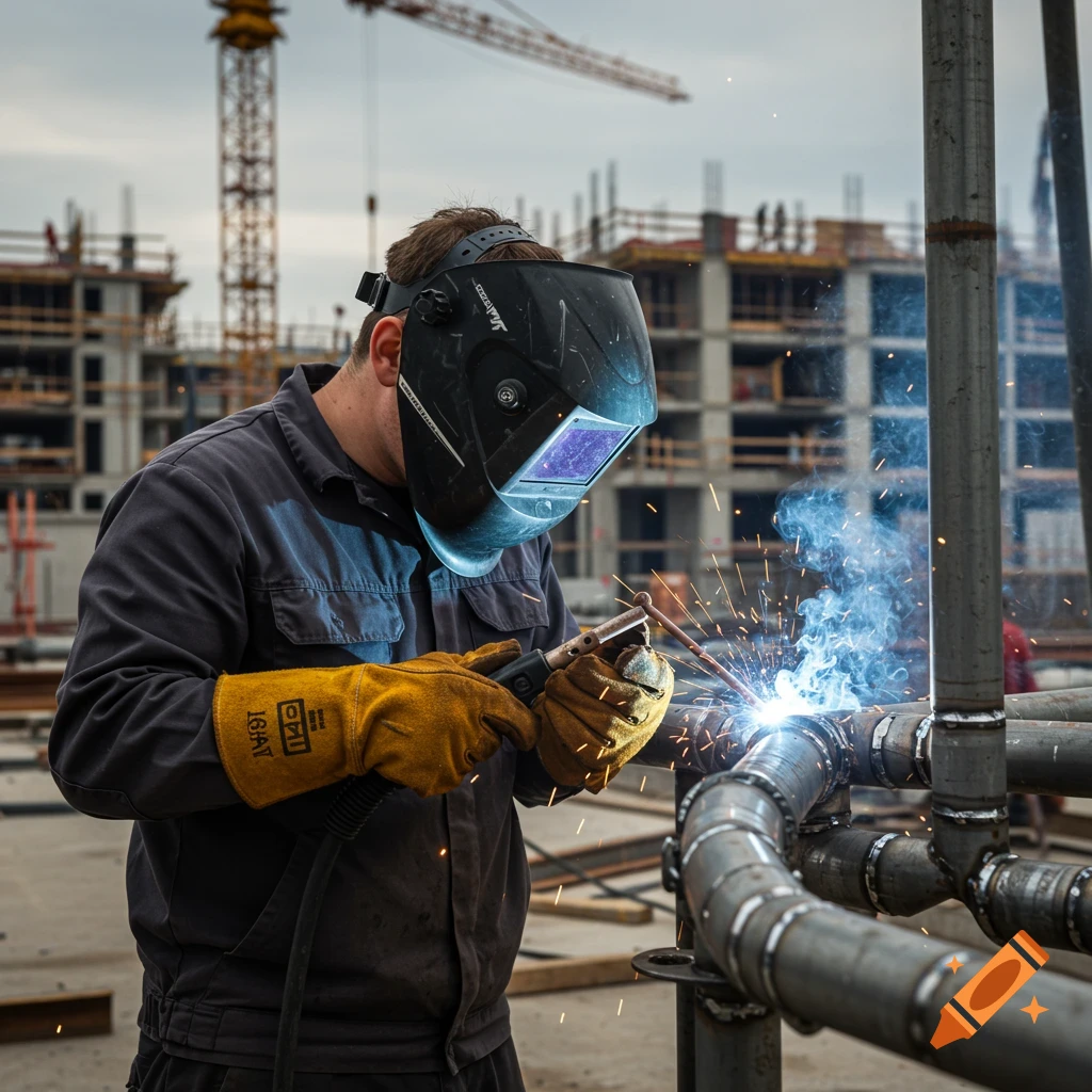 A welder in a dark uniform and yellow gloves works on metal pipes at a construction site.