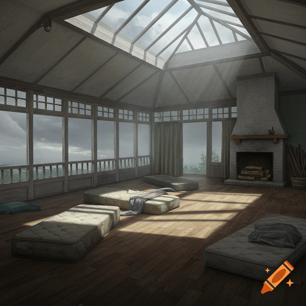 Dystopian sunroom with mattresses on the floor, fireplace, and windows looking out at a grey sky.