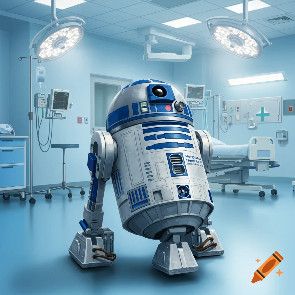 An R2D2-like robot stands in a hospital room.