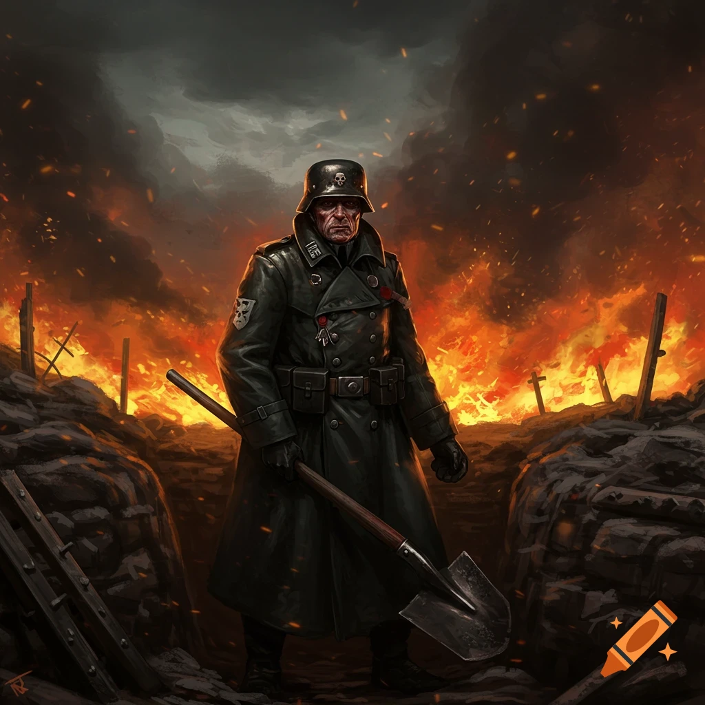 A grim soldier in a trench holds a shovel, silhouetted against explosions and fire.
