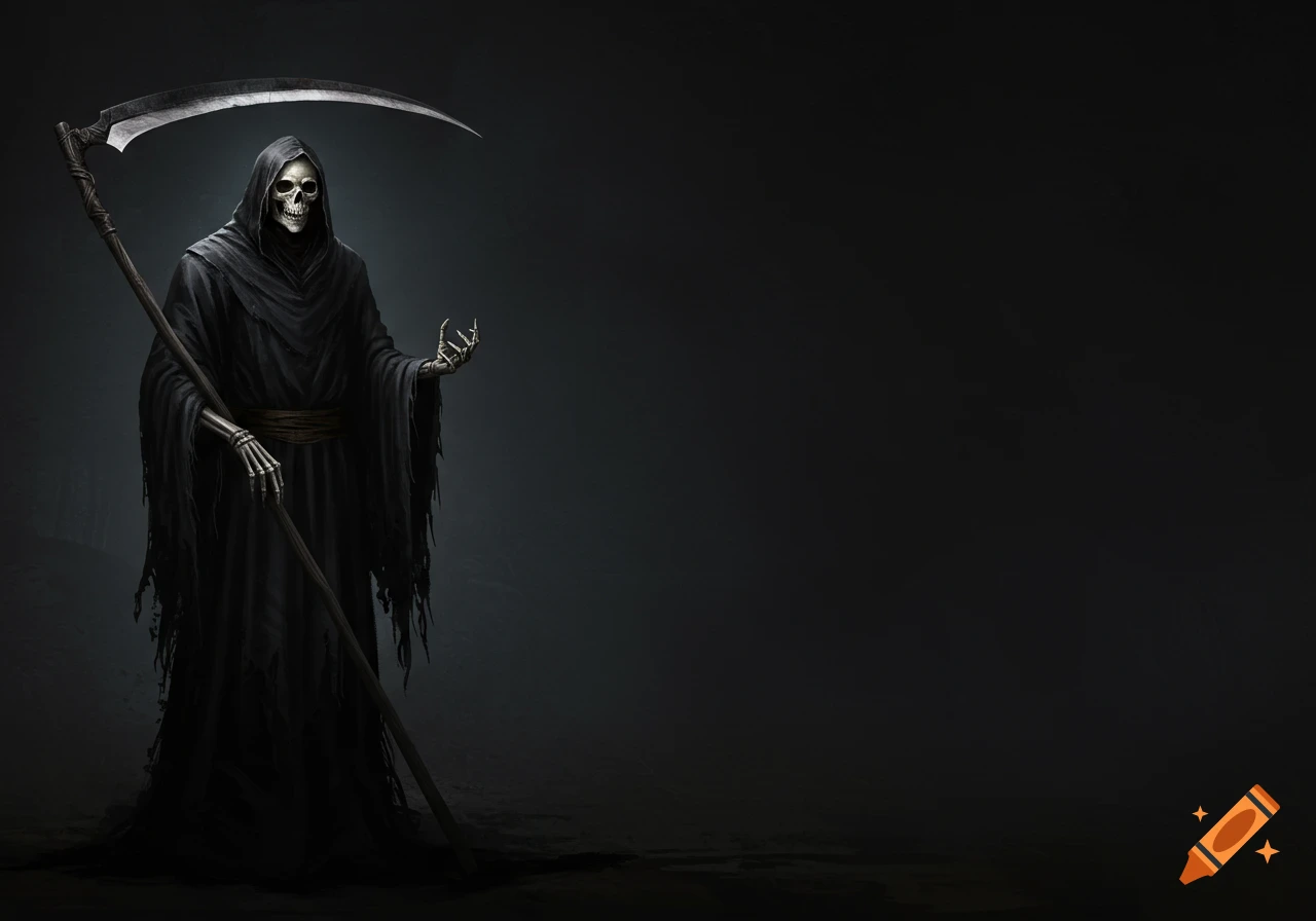A skeletal figure in a black cloak holds a scythe.