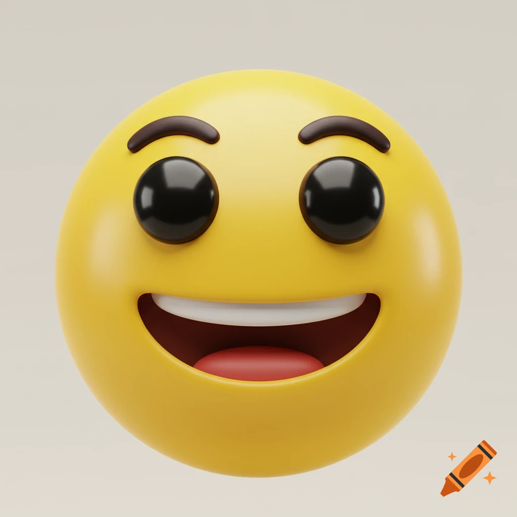 A 3D rendering of a yellow smiley face emoji with a wide grin.