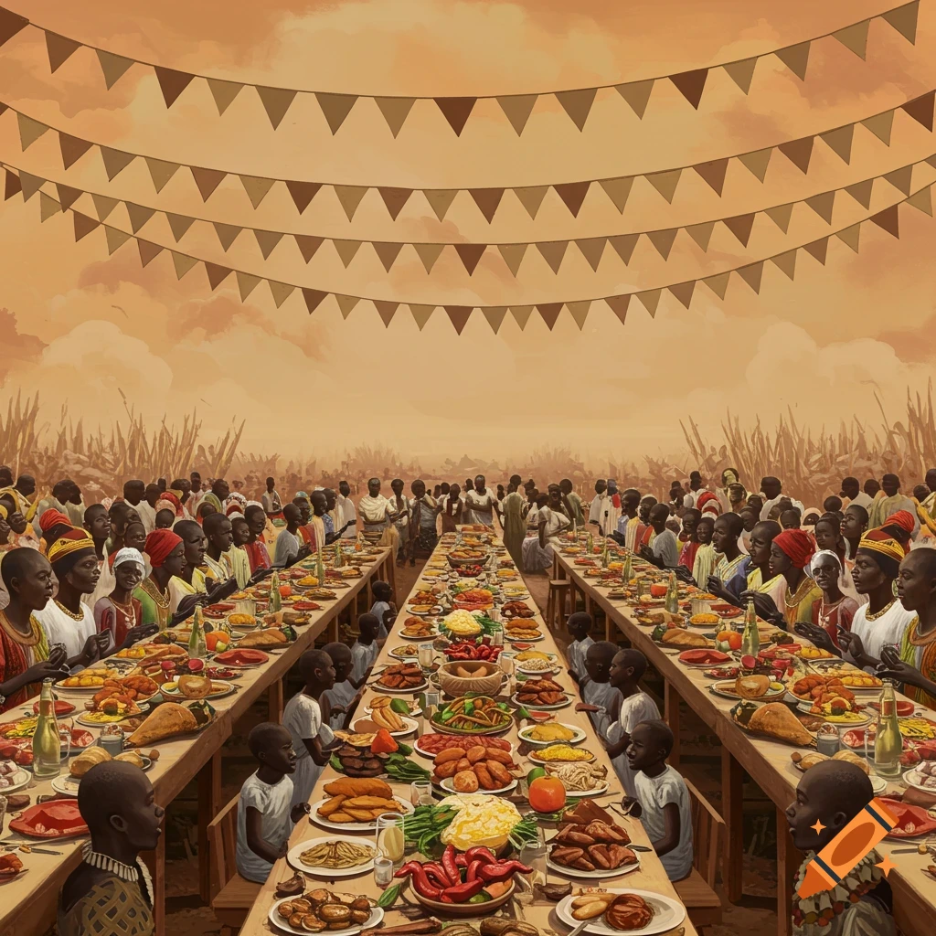 Illustration of a large group of people feasting at long tables outdoors under banners.