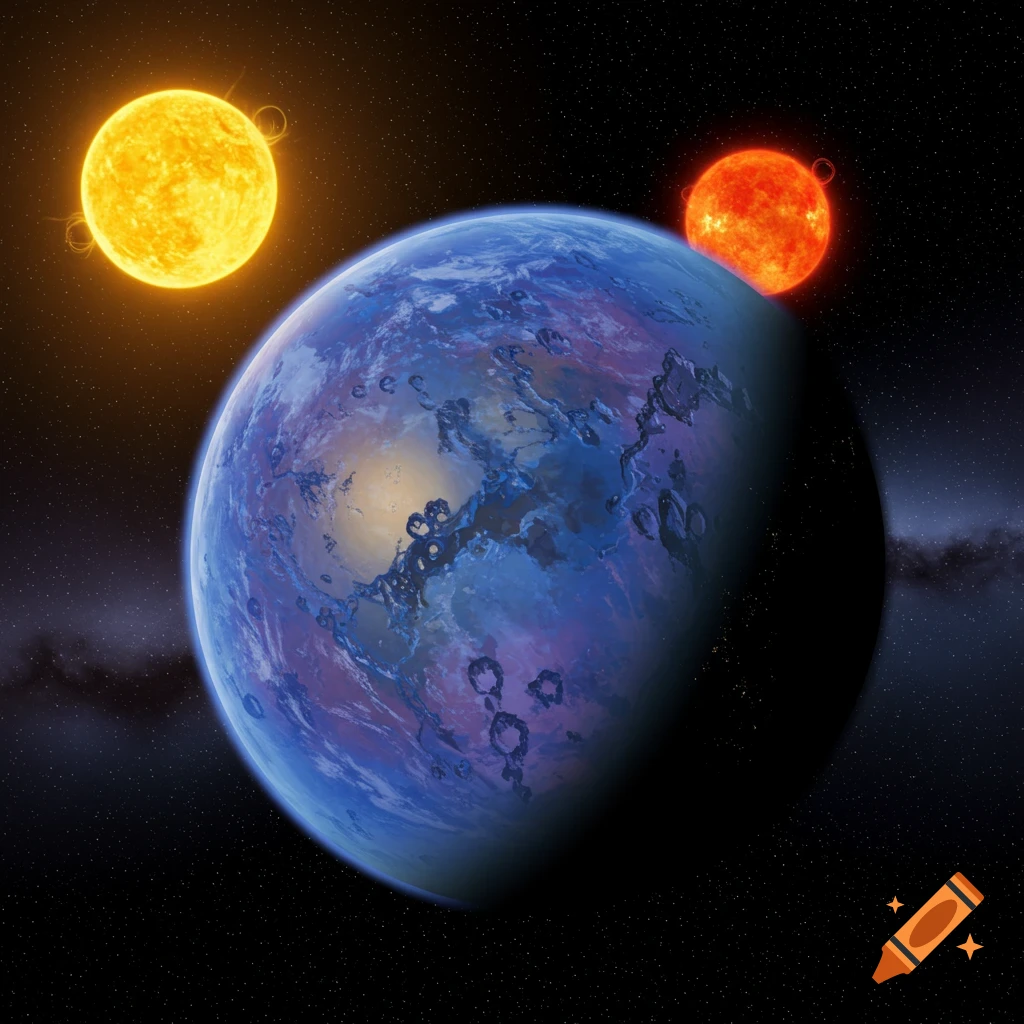 A blue and purple rocky planet in space with two suns