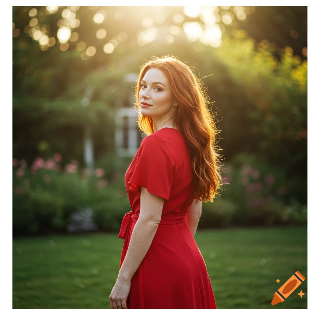 A woman with long red hair in a red dress stands in a sunlit garden.