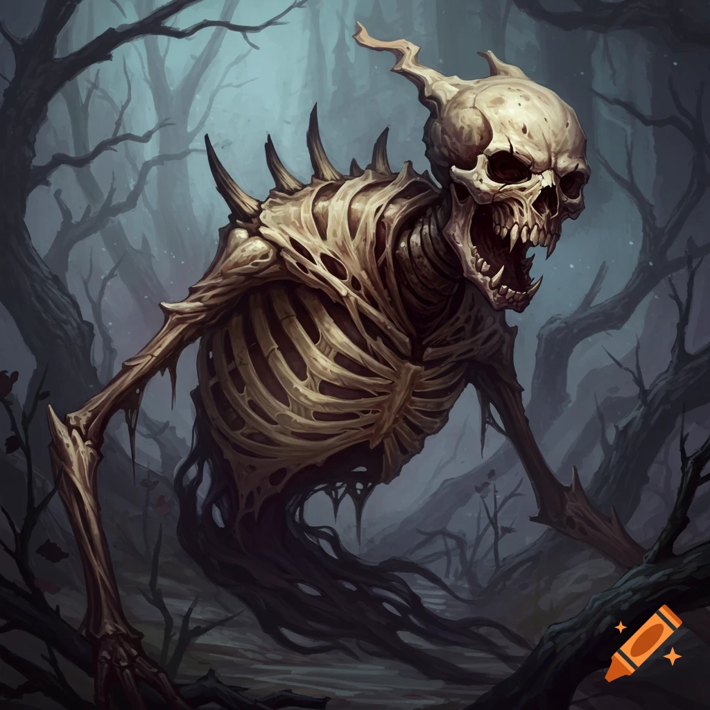 A skeletal, dried ghast creature stands in a dark, misty forest. Dark fantasy art style.