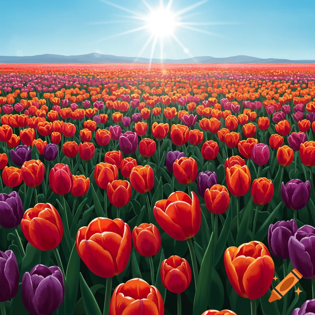 A vast field of colorful red, orange, and purple tulips under a bright sunny sky with mountains in the distance.