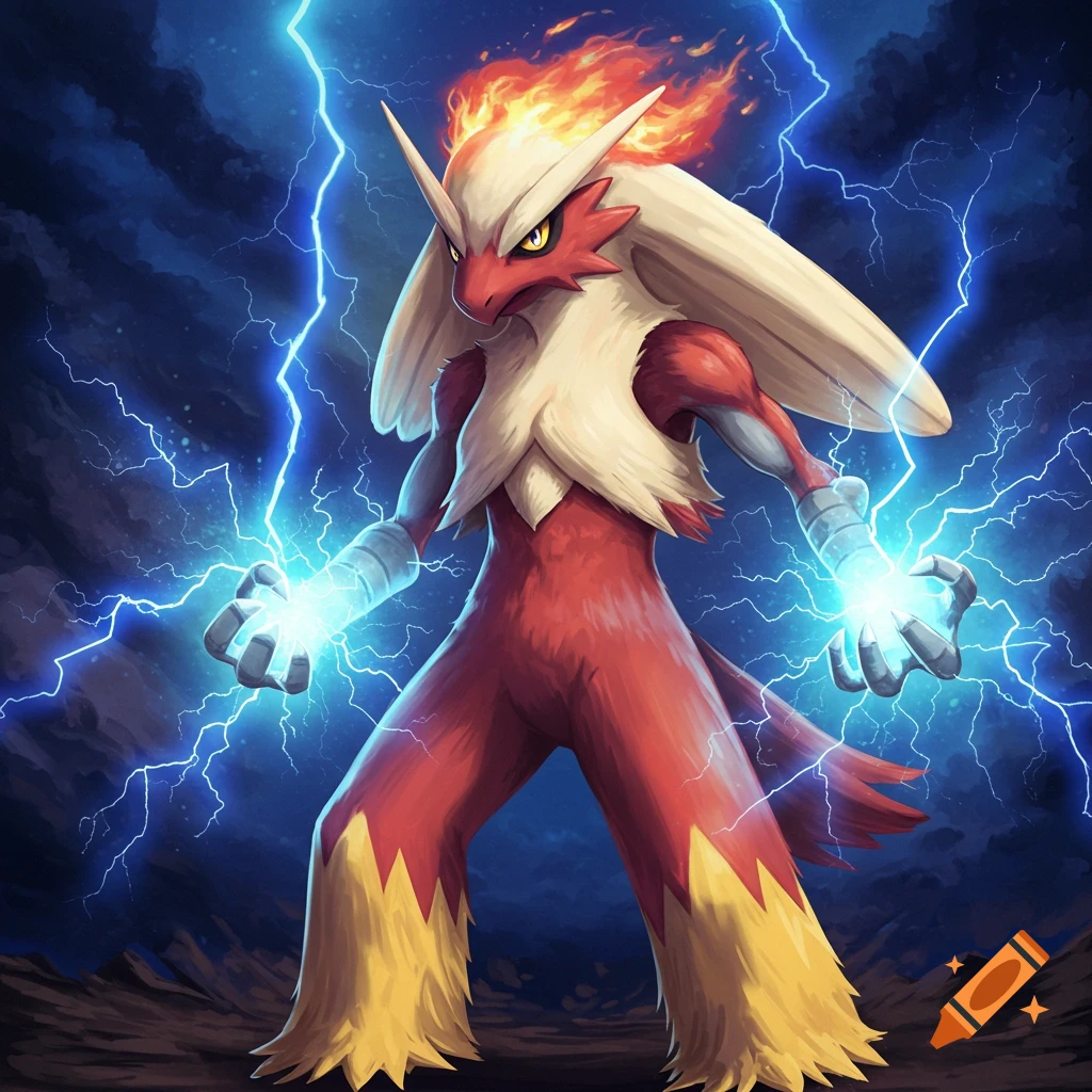 Creature resembling Blaziken with fire on head generating lightning in a stormy landscape.