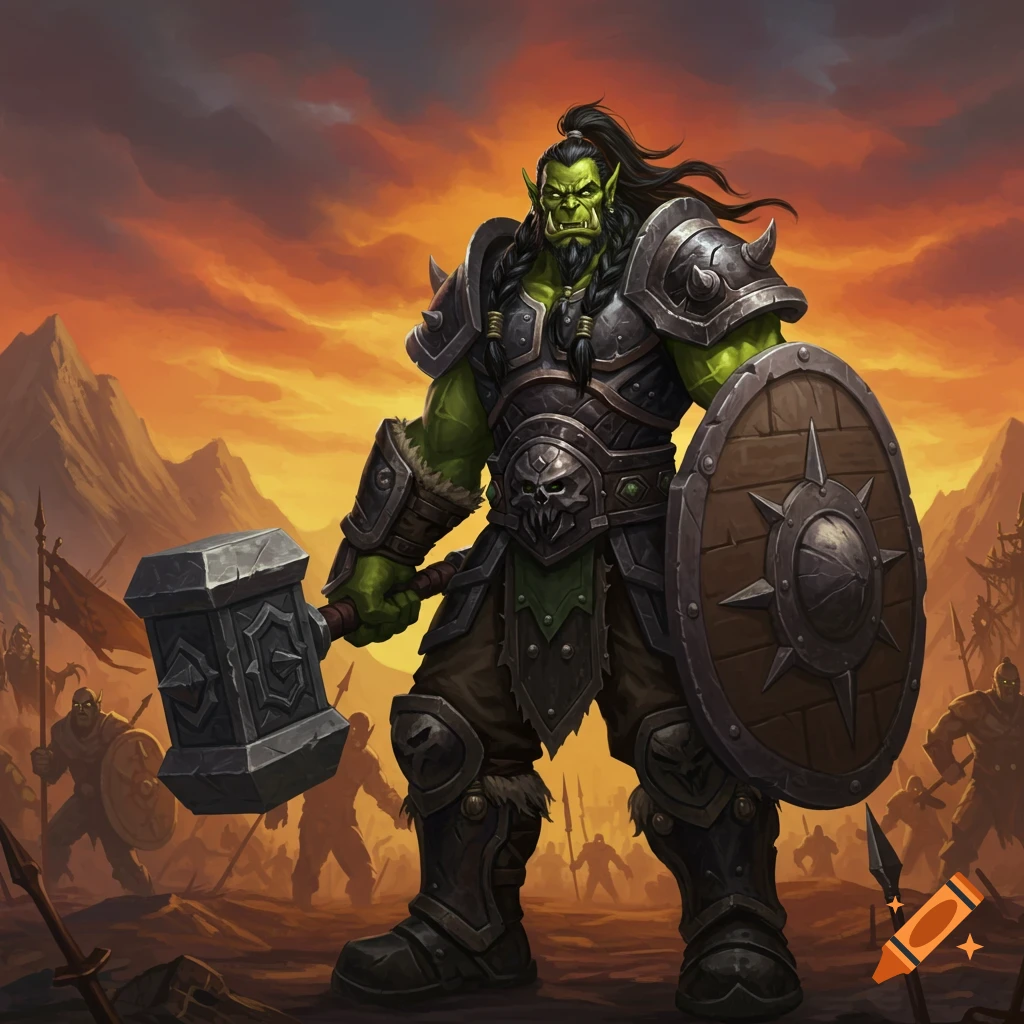 An orc warrior in armor stands on a battlefield at sunset, holding a large hammer and shield. Detailed fantasy illustration.