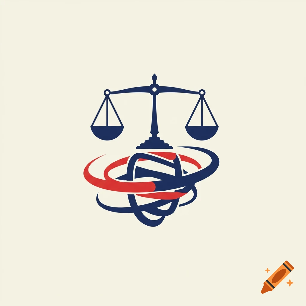2D logo of justice scales balancing on a swirling blue and red abstract shape.