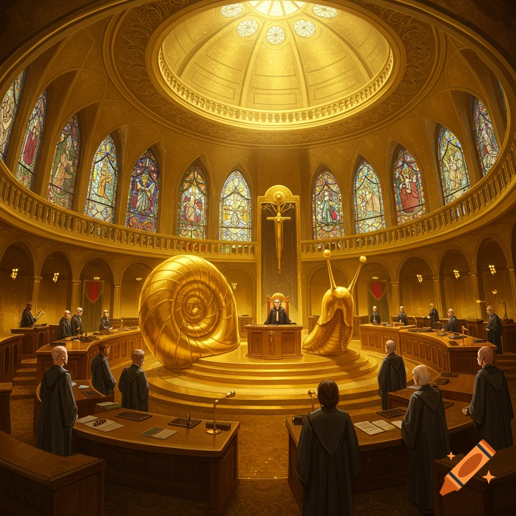 A golden courtroom with robed figures, a judge, and two giant golden snails, one a shell and one a creature.