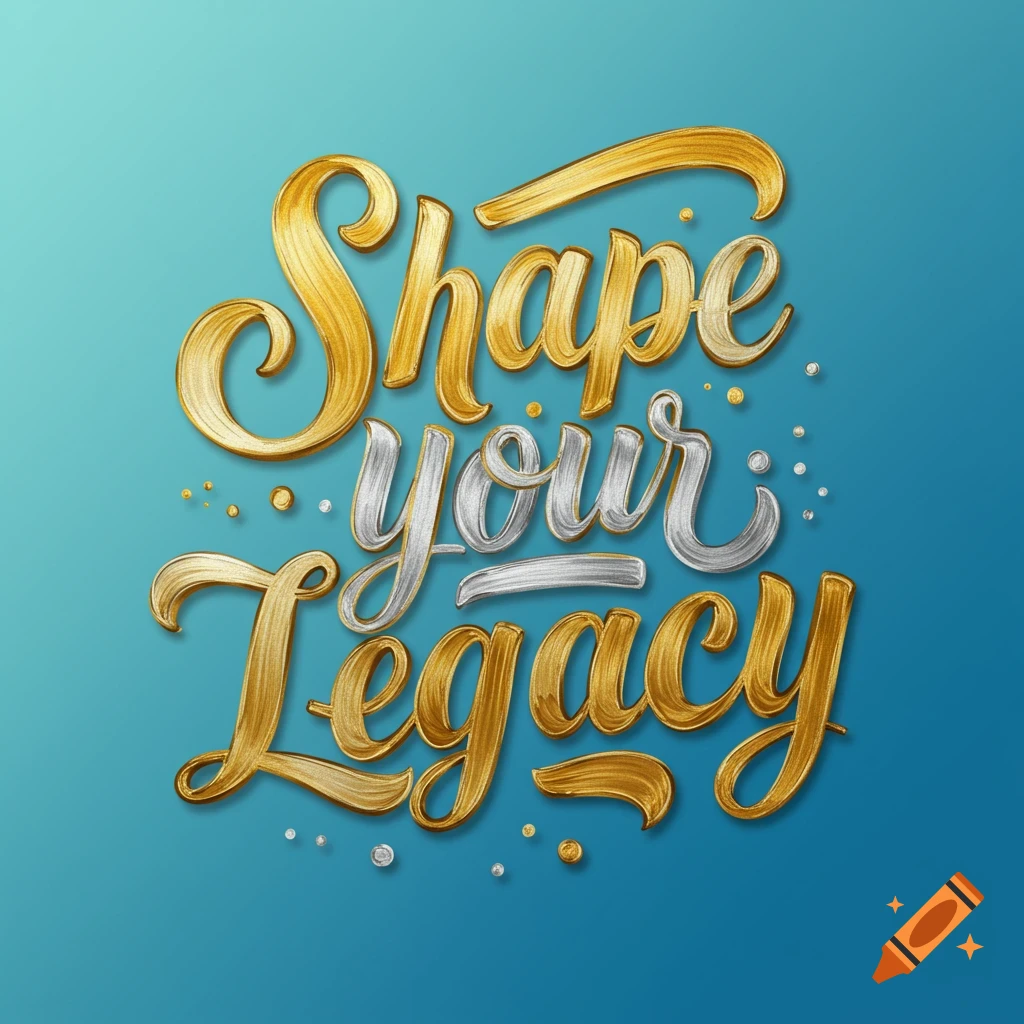 Stylized gold and silver text says 'Shape your Legacy' on a blue background.