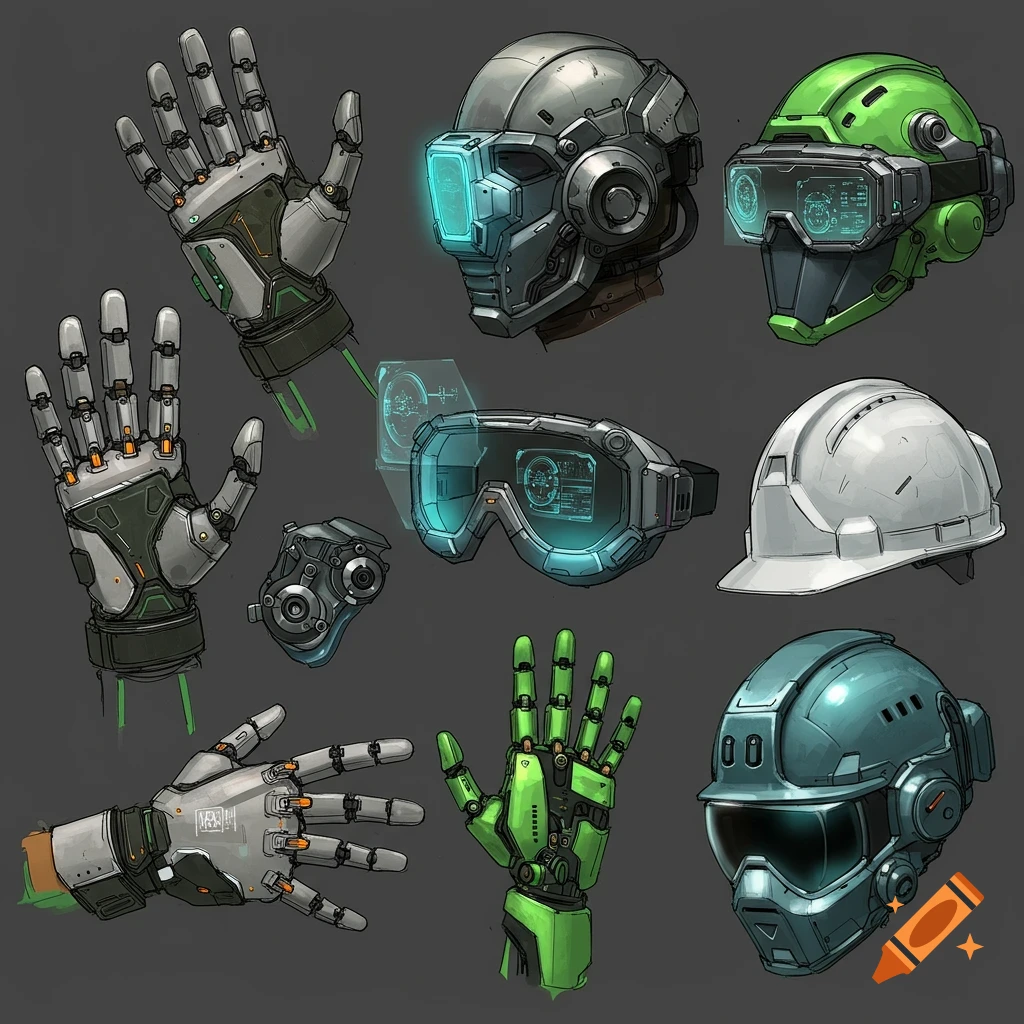 Collection of sci-fi robotics PPE including gloves, helmets, and goggles, in a sketch style.