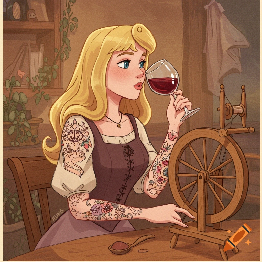 Cartoon drawing of Princess Aurora with tattoos drinking wine next to a spinning wheel.
