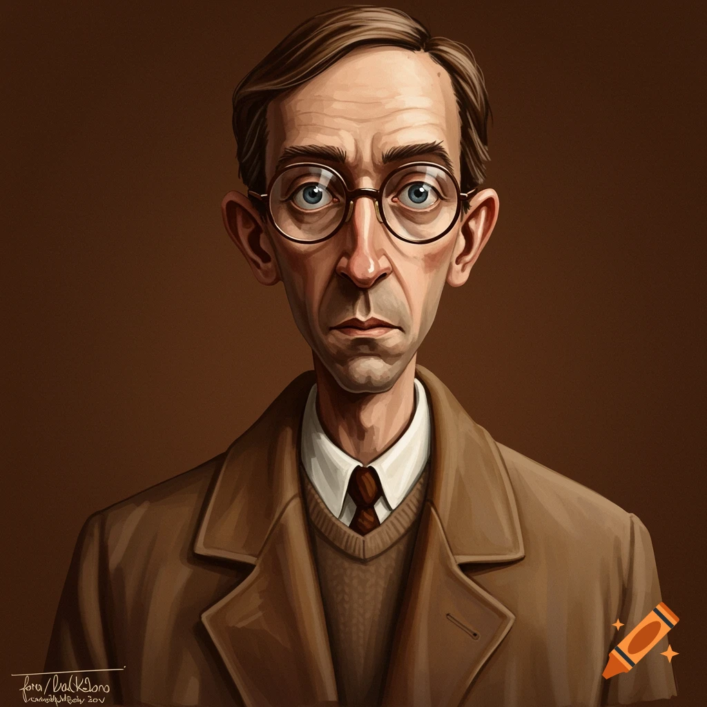 Stylized portrait of a man in glasses and a brown coat